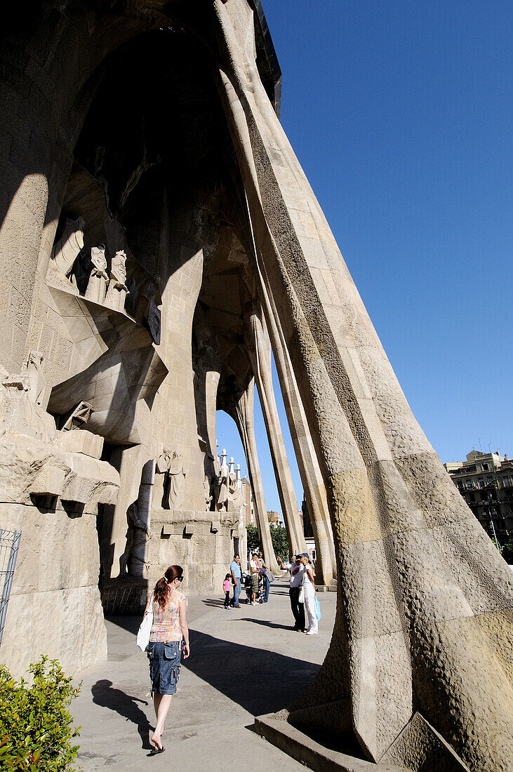Passion facade of the Sagrada Familia temple, Barcelona. Catalonia, Spain