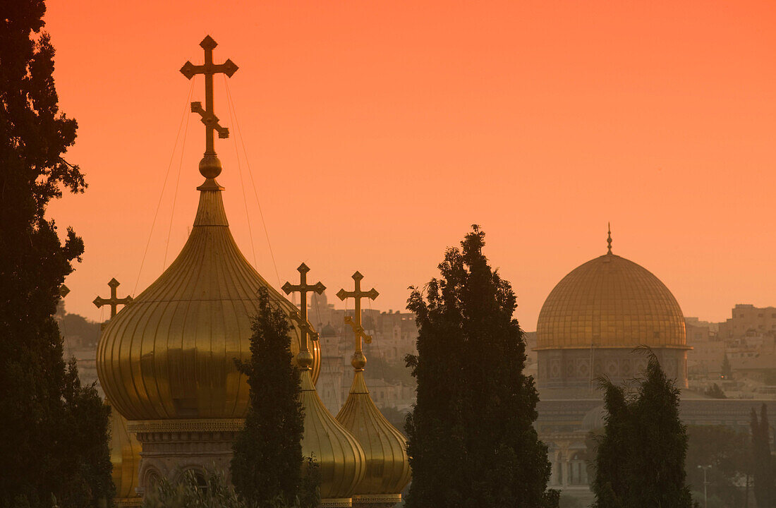 Russian orthodox church domes and dome of the rock temple mount old city jerusalem. Israel.