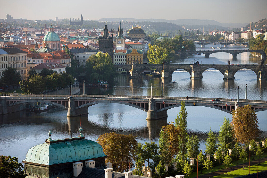 Manesuv charles and legil bridges over vltava river from letna hill overlook. Prague. Czech Republic.
