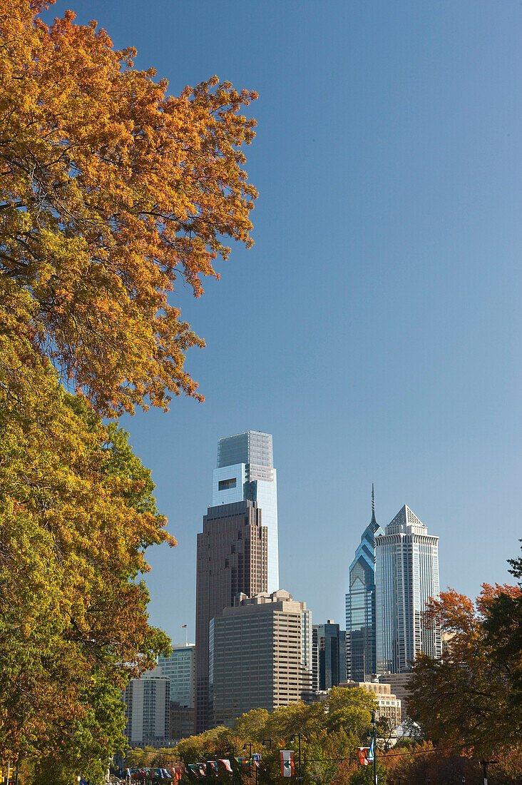Tall buildings ben franklin parkway downtown skyline. Philadelphia. Pennsylvania. USA.