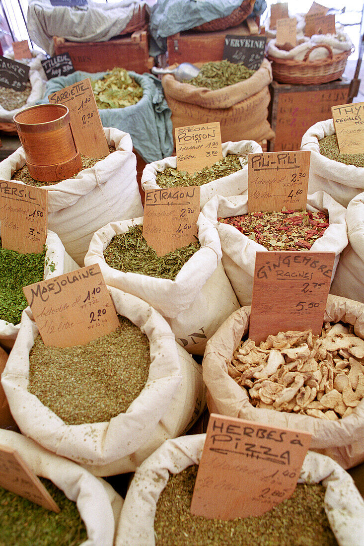 Spices on the market, Collioure, Languedoc-Roussillon, South France, France