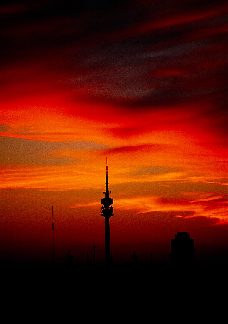 Communication tower in the afterglow, Munich, Bavaria, Germany, Europe