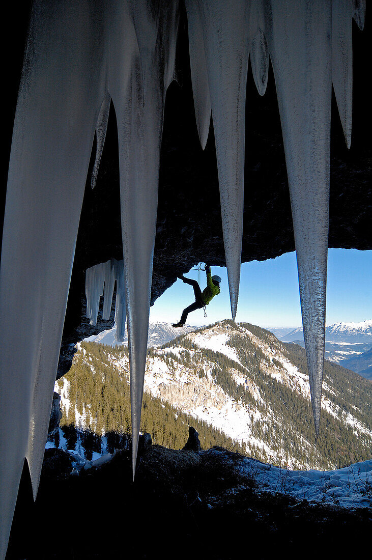 A man climbing at an overhang, Bavaria, Germany, Europe