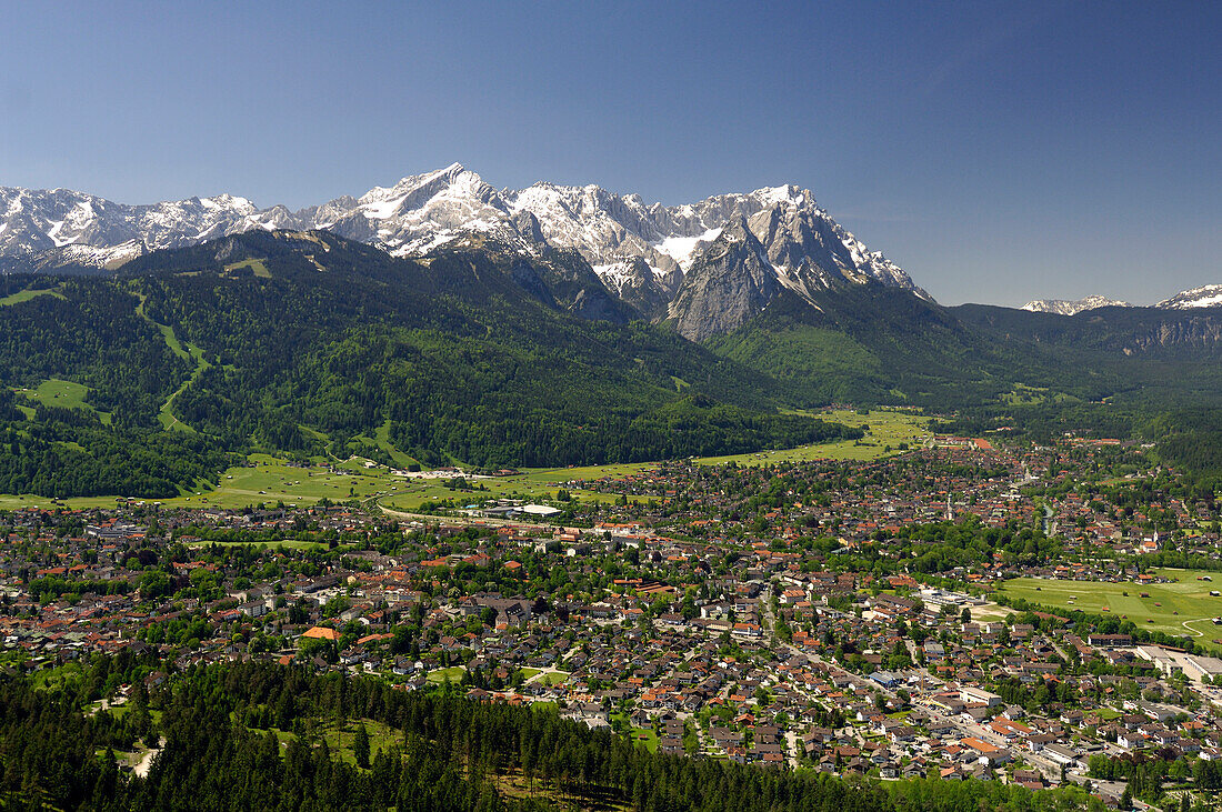 Aerial view of Garmisch-Partenkirchen and Wetterstein mountains, Bavaria, Germany, Europe