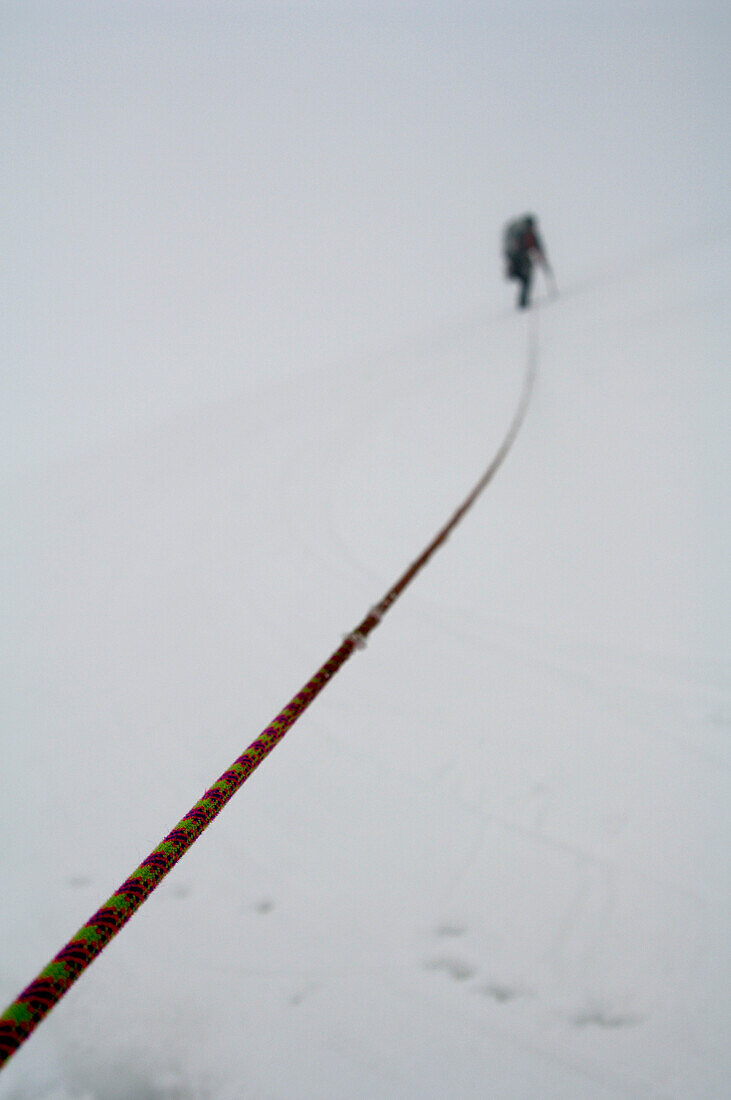 Mensch bei Bergwanderung im Schnee und Nebel, Hohe Tauern, Österreich, Europa