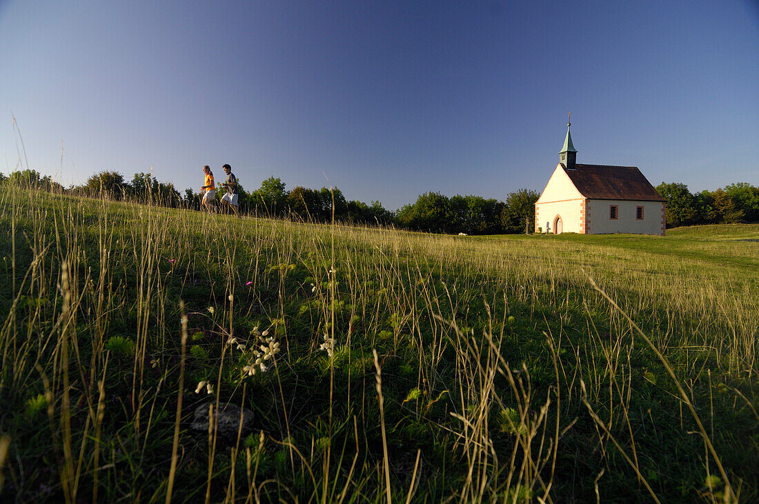 Couple jogging on a meadow, Franconian Switzerland, Bavaria, Germany, Europe