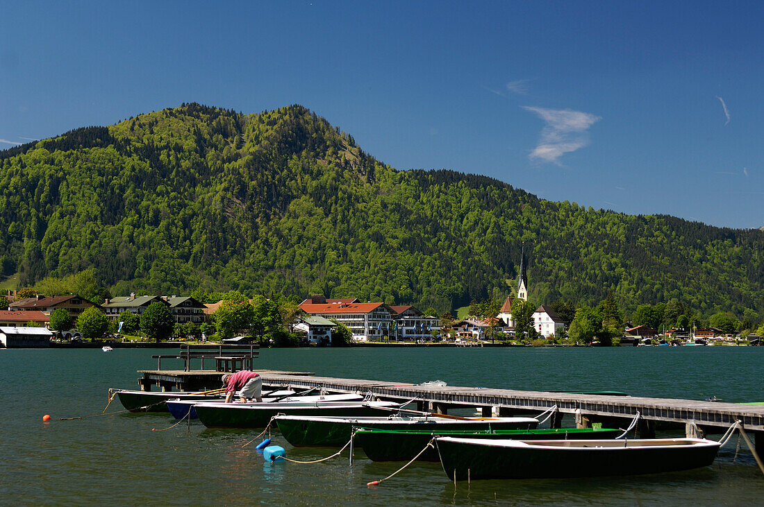 Boat hire and wooden pier at lake Tegernsee, Upper Bavaria, Bavaria, Germany