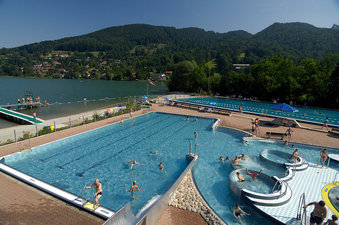 Open-air swimming pool in Rottach-Egern, Upper Bavaria, Bavaria, Germany