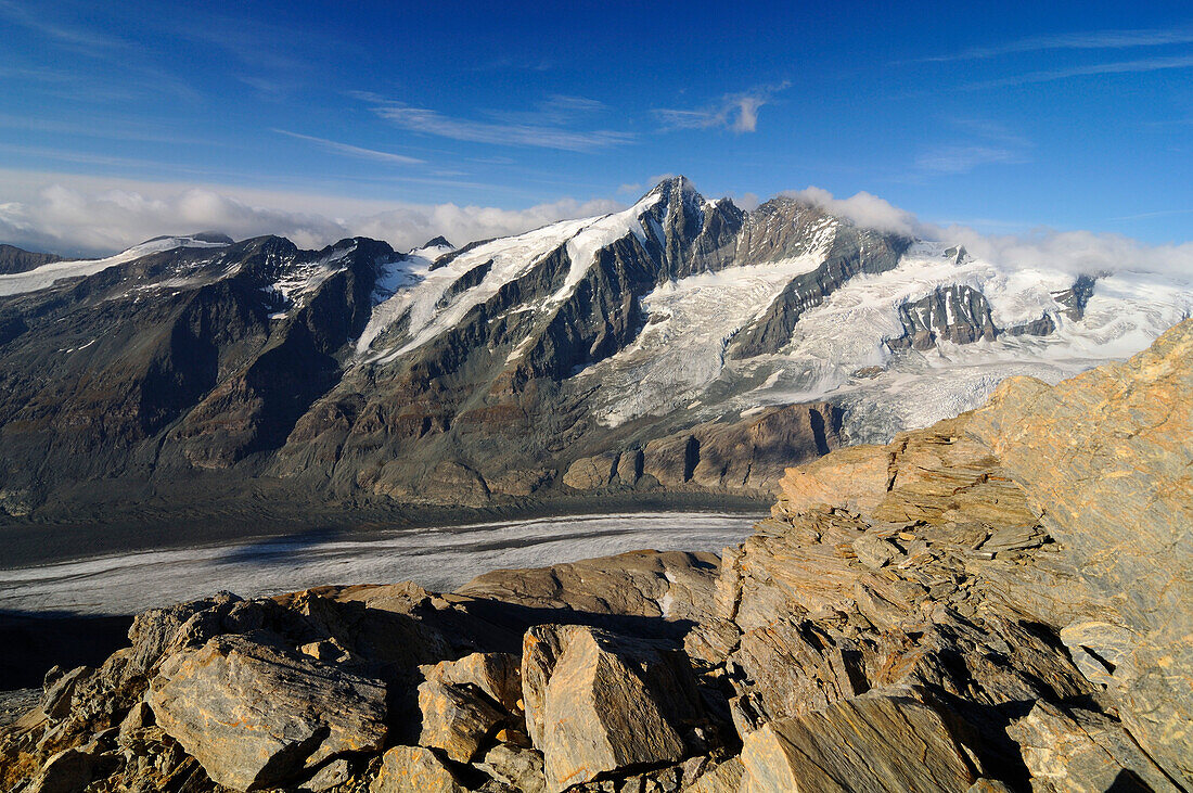 Pasterze glacier, the longest glacier in Austria, directly beneath the Grossglockner mountain, 3798m, Hohe Tauern National Park, Carinthia, Austria