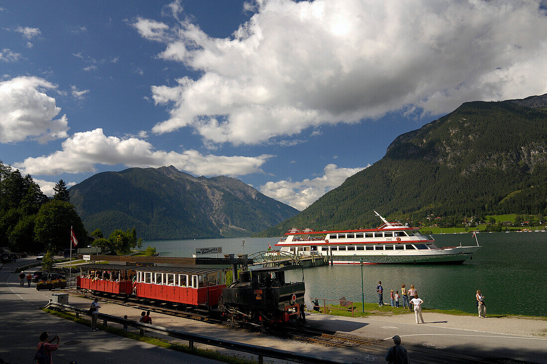 Ship and steam train at lake Achensee, near Pertisau, Karwendel, Tirol, Austria, Europe