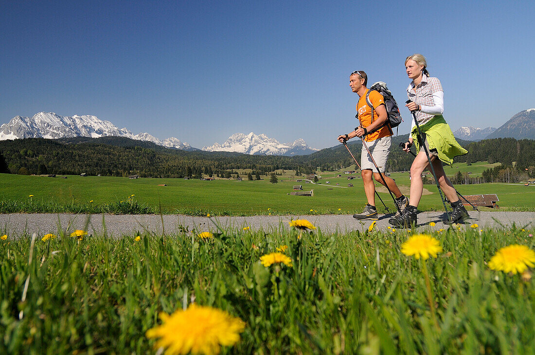 Paar wandert beim Tonihof, Mittenwald, Karwendel, Werdenfelser Land, Oberbayern, Bayern, Deutschland, Europa