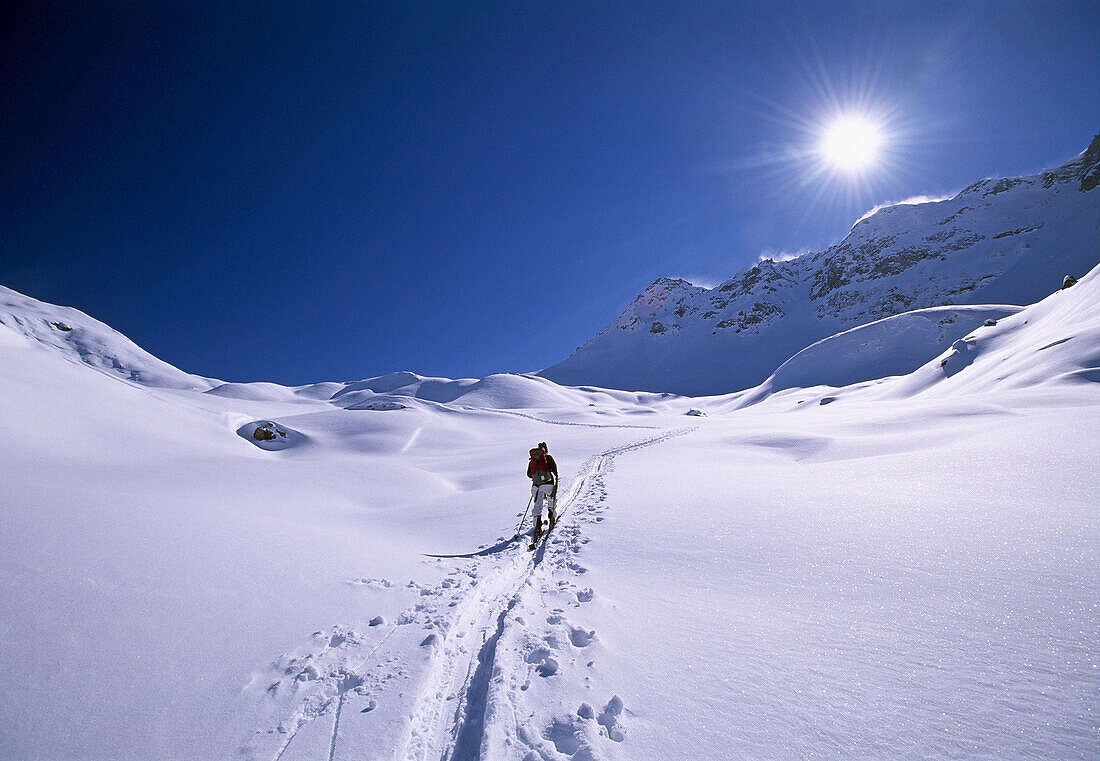 Backcountry skier ascending Roccabella, Bivio, Canton of Grisons, Switzerland