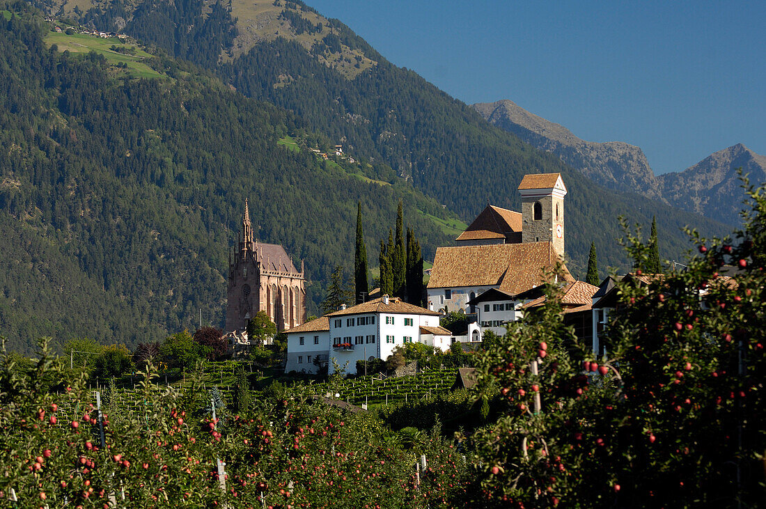 Häuser und Kirche des Bergdorfs Schenna im Sonnenlicht, Südtirol, Italien, Europa