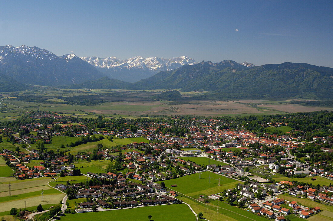 Aerial view of the town of Murnau and view at the Wetterstein, Bavaria, Germany, Europe