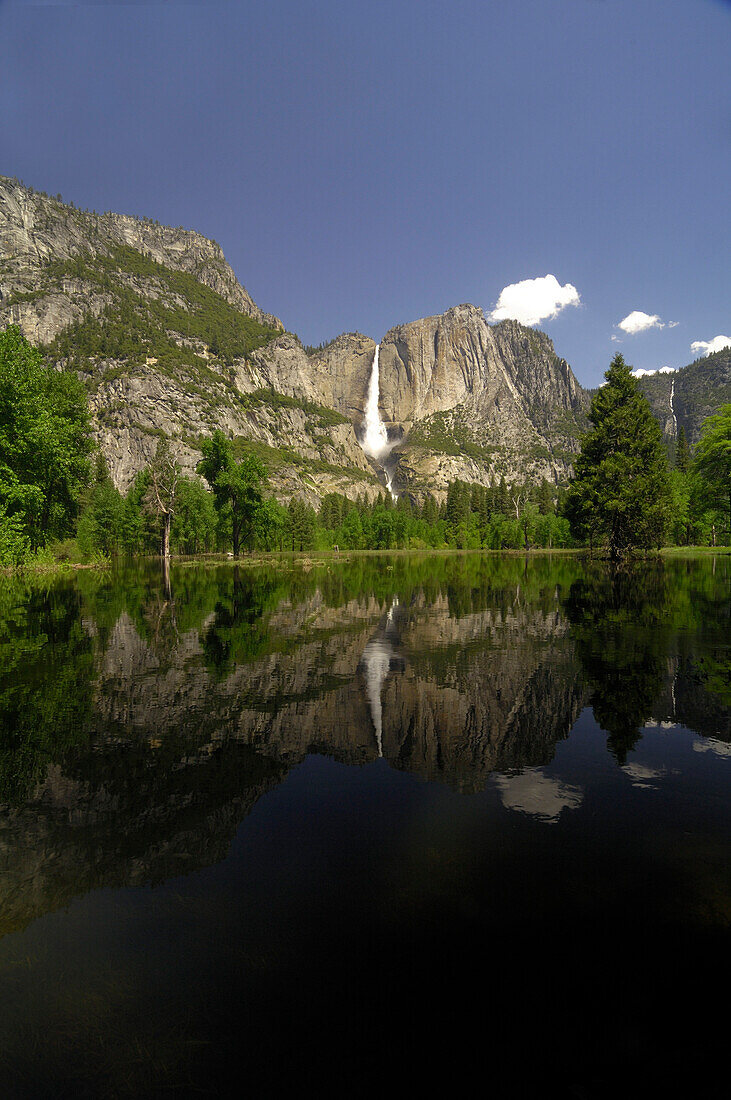View over a river at the Yosemite Falls, Yosemite National Park, California, North America, America