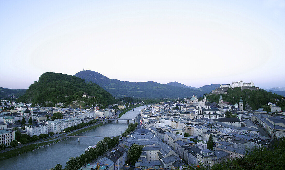 View of Salzburg Cathedral, Domplatz and Hohensalzburg Castle, Salzach, River, Austria