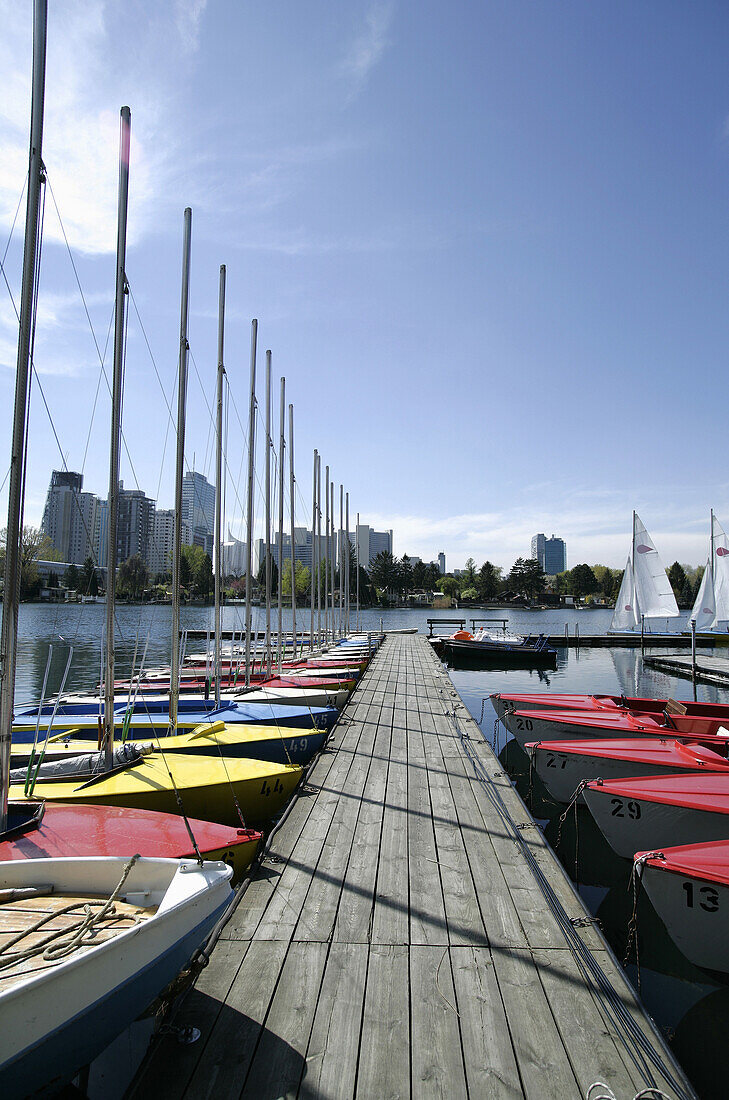 Boats moored in the harbour, Alte Donau, Vienna, Austria