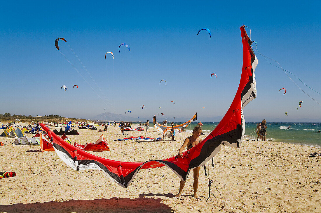 Kitesurf in Valdevaqueros beach, Tarifa. Cadiz province, Andalucia, Spain