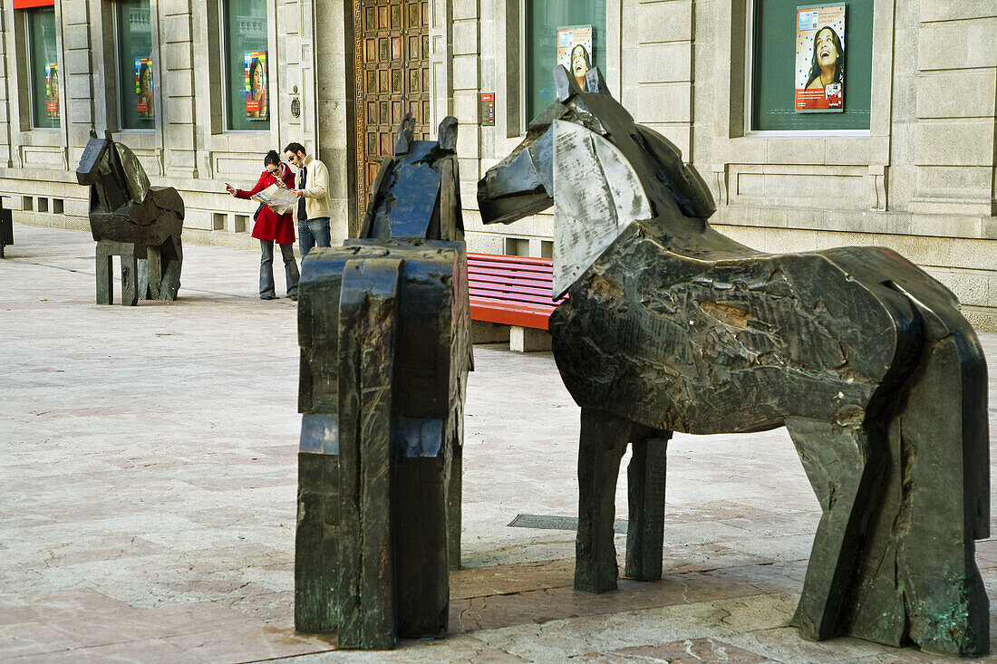 Statues of Asturcons by Manolo Valdes in Plaza de la Escandalera, Oviedo. Asturias, Spain