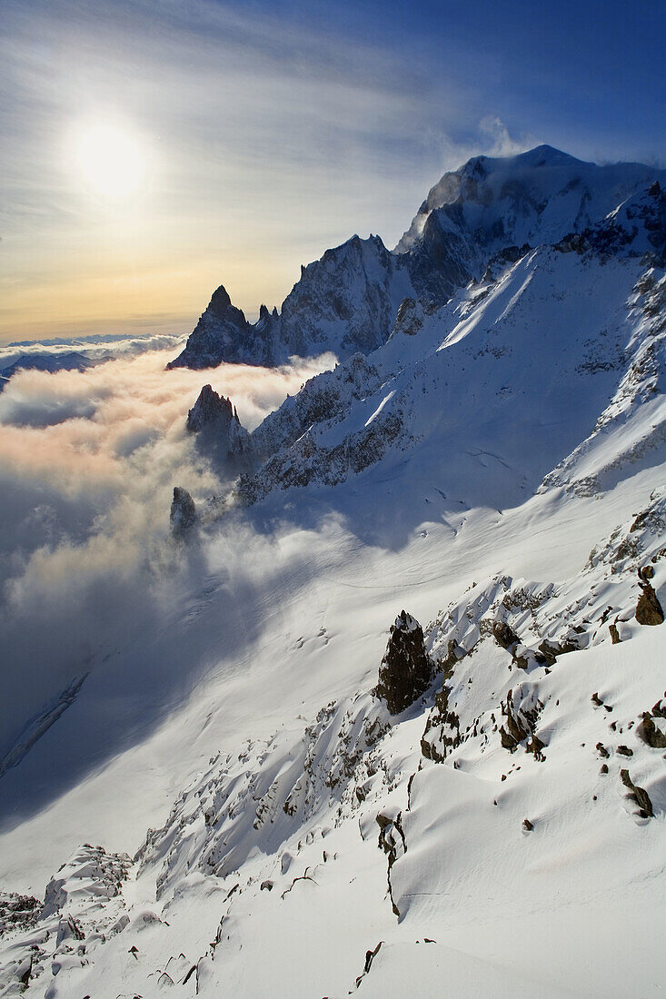 View of the Mont Blanc massi,  with the Aiguille Noire de Peuterey on the left. View from Point Helbronner (3.462 m.). France/Italy