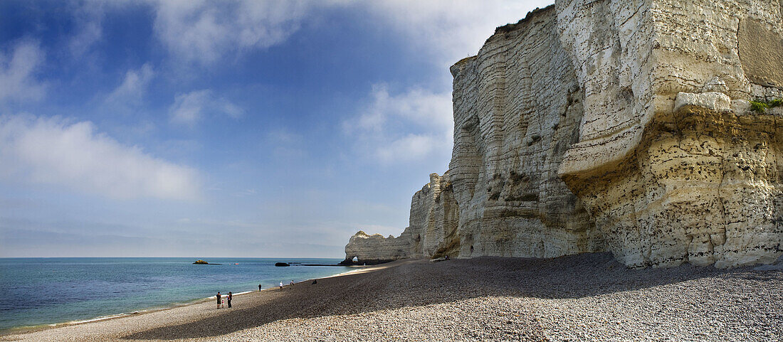 Panoramic view of cliffs and stone beach  Etretat, Le Havre, Seine-Maritime departament, Haut-Normandie region, France