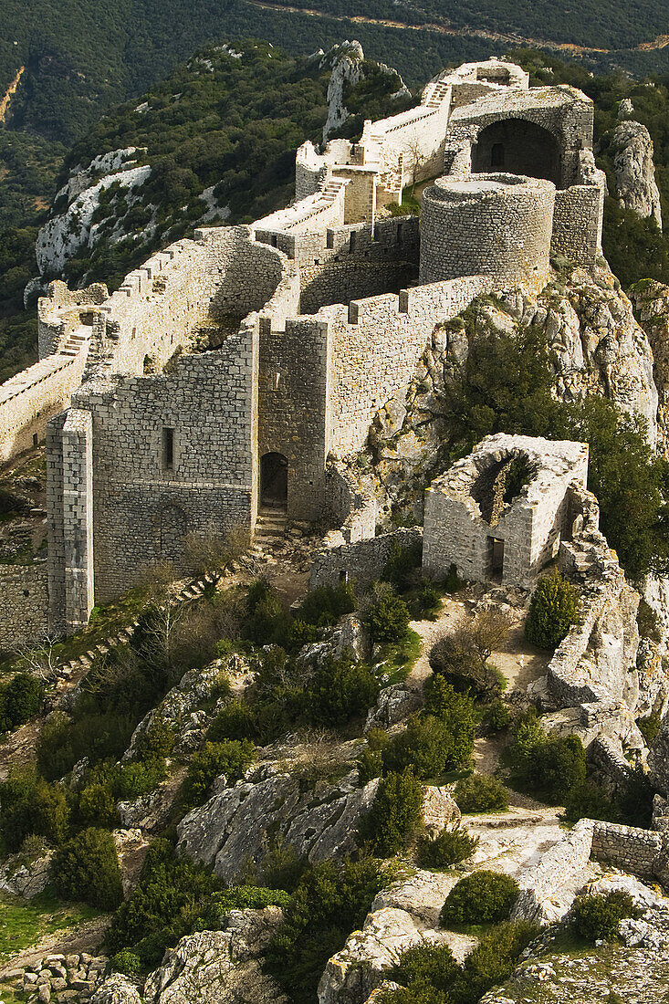 Peyrepertuse ruined fortress, Cathar castle. Aude, Languedoc-Roussillon, France