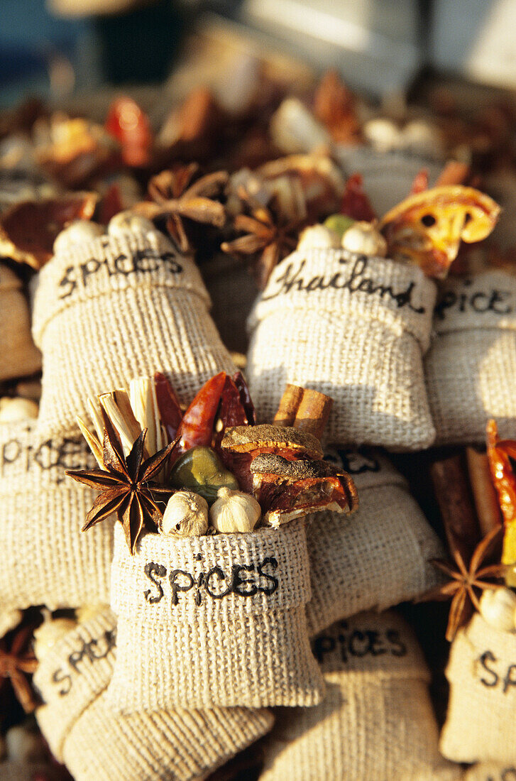 Bags of spices on market stall, Chiang Mai, Northern Thailand