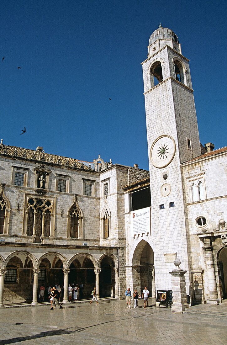 Bell tower and Sponza Palace, Luza Square, Stradun, Dubrovnik, Dalmatian Coast, Croatia, Former Yugoslavia
