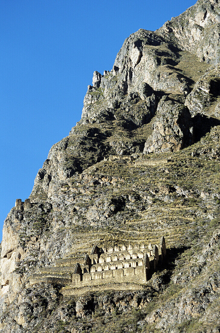 Granary or grain silo on Pinkuylluna Mountain, Ollantaytambo, Sacred Valley of the Incas, near Cusco, Peru