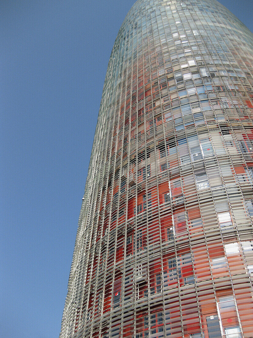Agbar Tower, Architecture, Barcelona, Blue, Blue sky, Building, Buildings, Catalonia, Catalunya, Cataluña, Cities, City, Color, Colour, Contemporary, Daytime, Europe, Exterior, From below, Height, Jean Nouvel, Low angle, Low angle view, Outdoor, Outdoors,