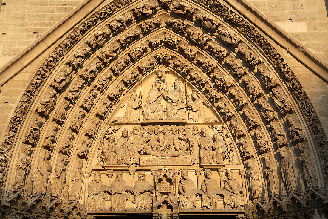 France, Paris, Notre Dame cathedral, entrance detail