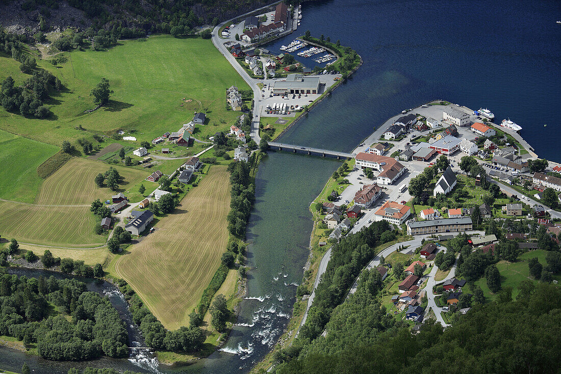 Norway, Aurlandsfjorden, Aurland town, aerial view