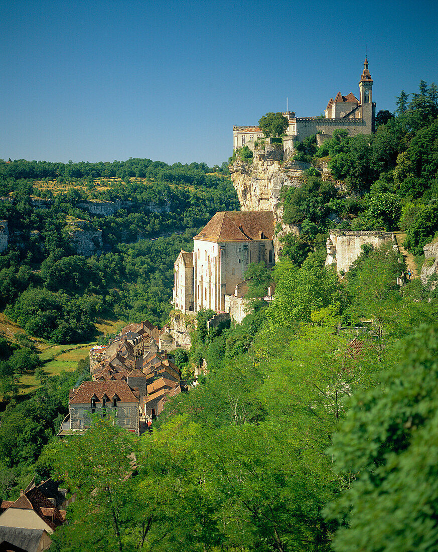 Houses perched on hillside, Rocamadour, The Dordogne, France