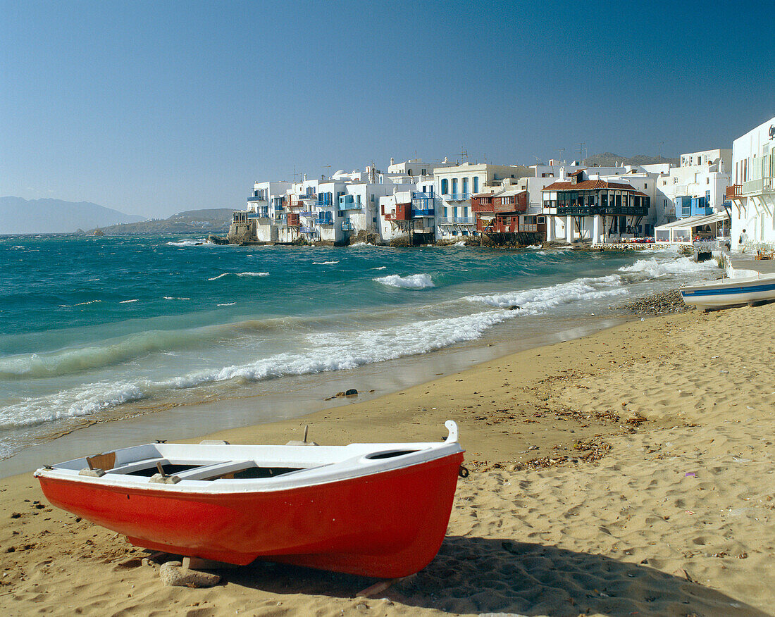 Red boat on beach, Beach Scene, Mykonos Island, Greek Islands