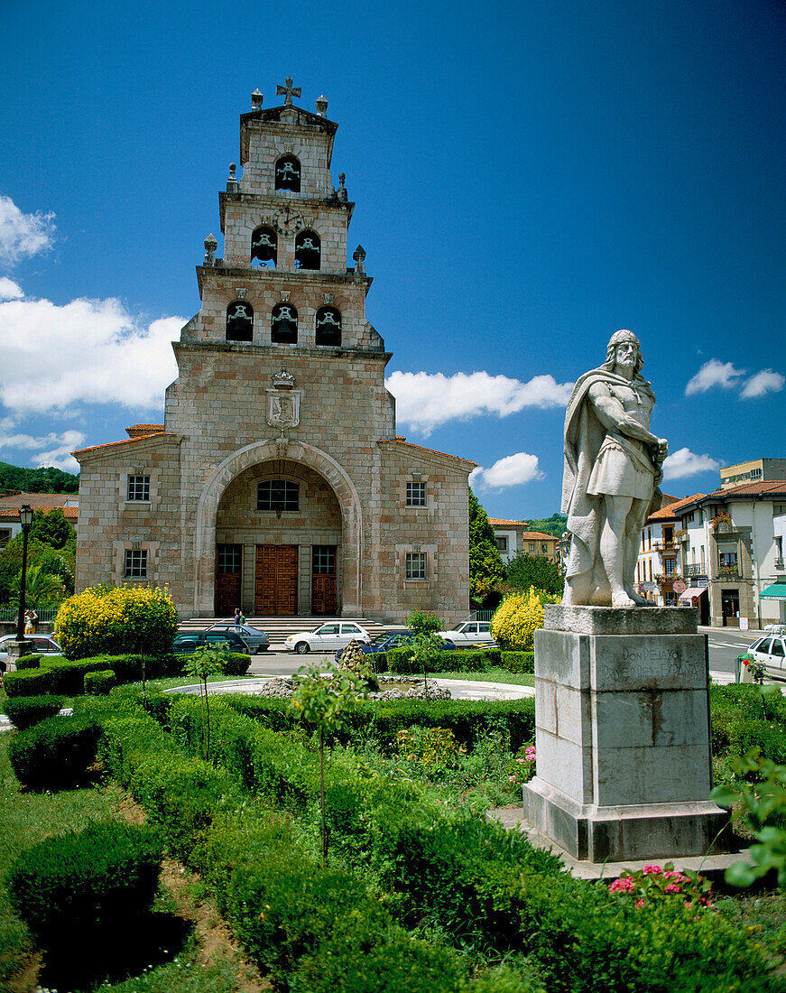 Church and statue of Don Pelayo, Cangas De Onis, Asturias, Spain