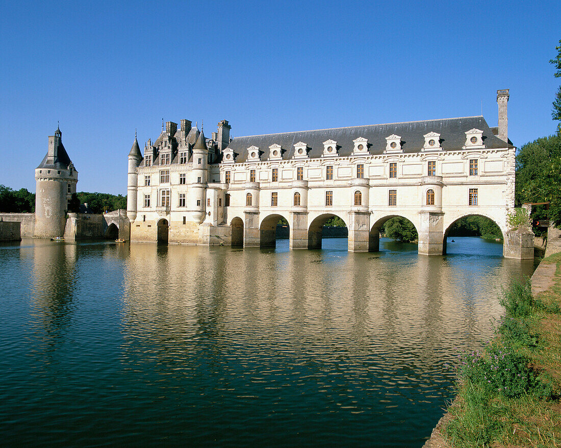 Reflected in Loire river, Chateau Chenonceau, The Loire, France