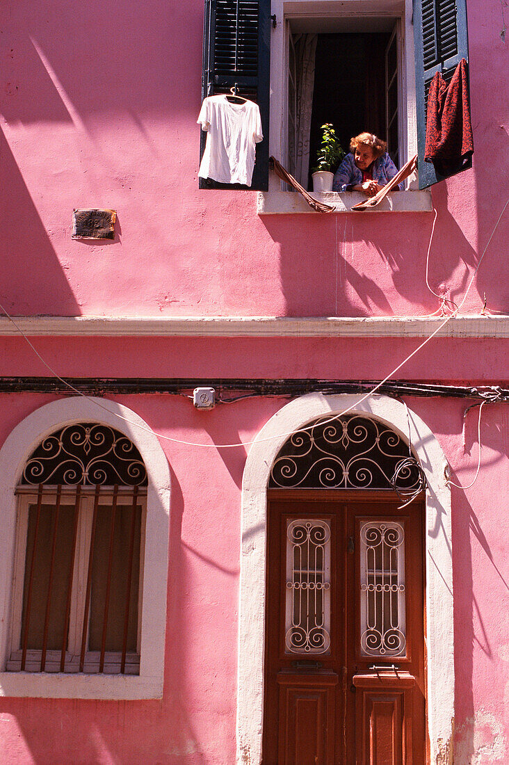 Old Lady at Window, Corfu Old Town, Corfu (Ionian Islands), Greek Islands