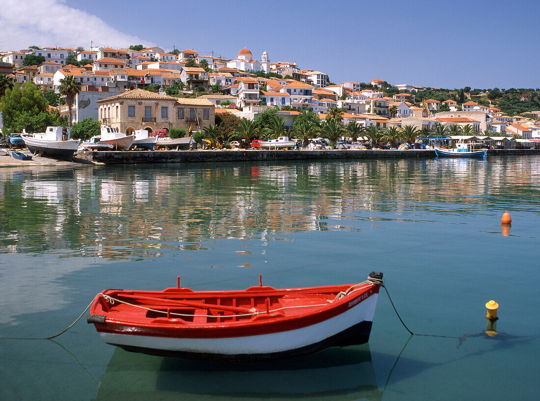 View of town across harbour, Koroni, Peloponnese, Greece