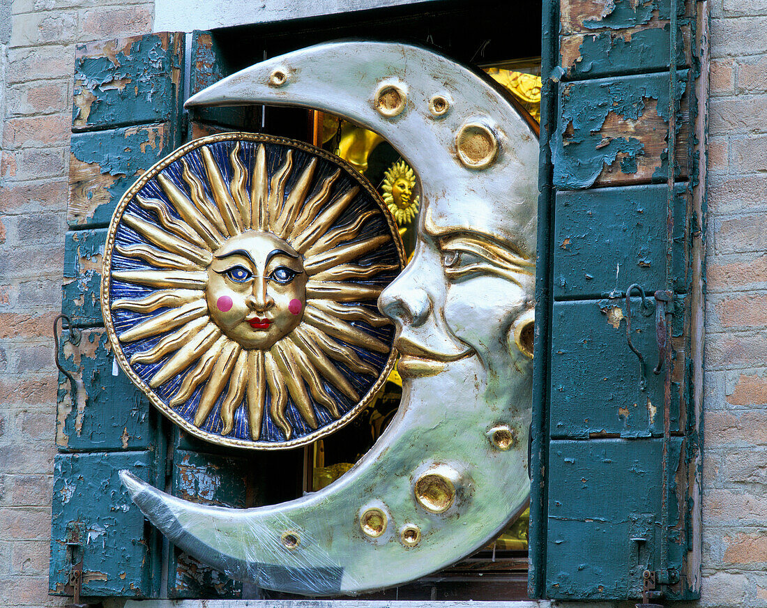 Sun and Moon Displayed in Window, Venice, Veneto, Italy