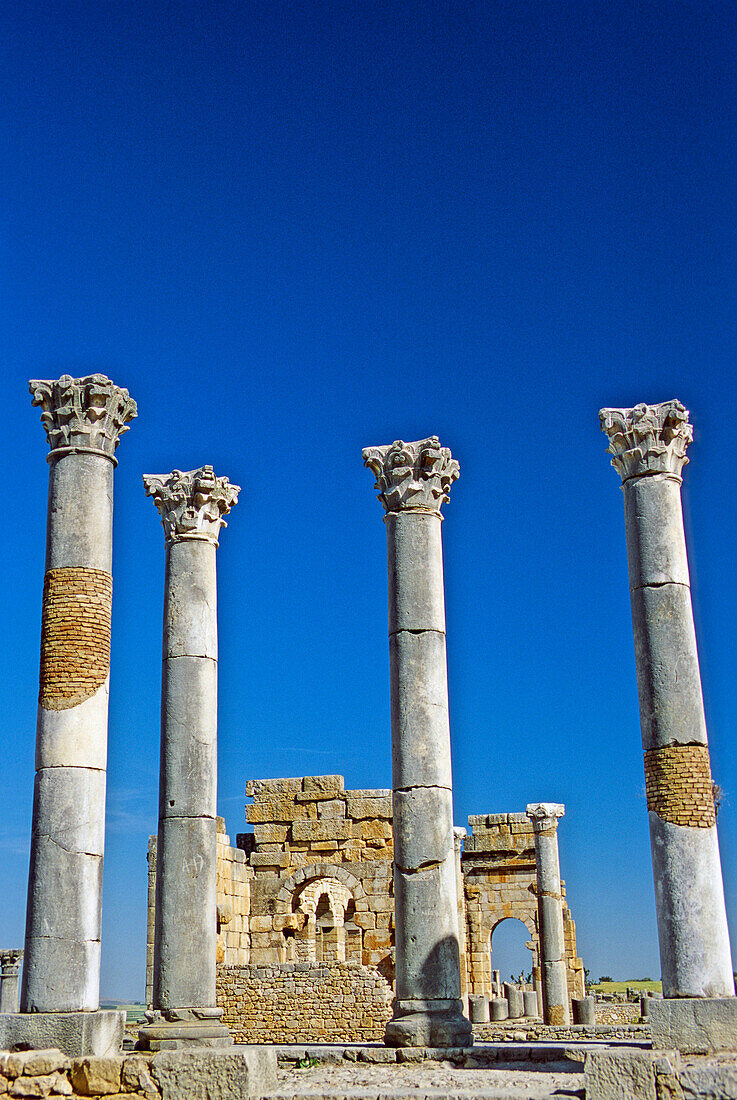 Morocco, Volubilis, the Capitol (foreground), the Basilica (background)