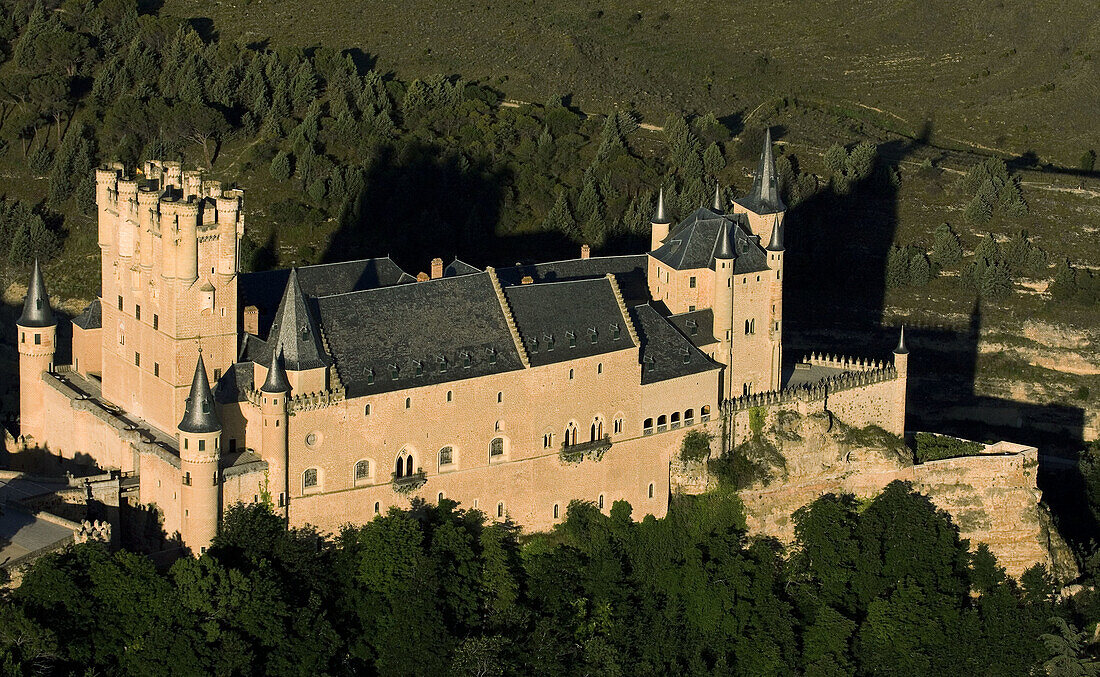 Aerial view on Alcazar, Segovia. Castilla-Leon, Spain