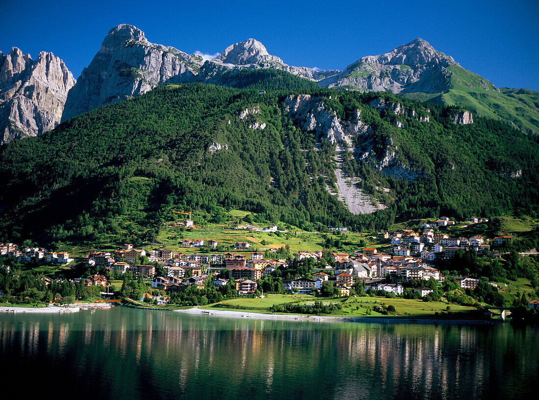 View of village and lake, Molveno, Trentino-Alto Adige, Italy