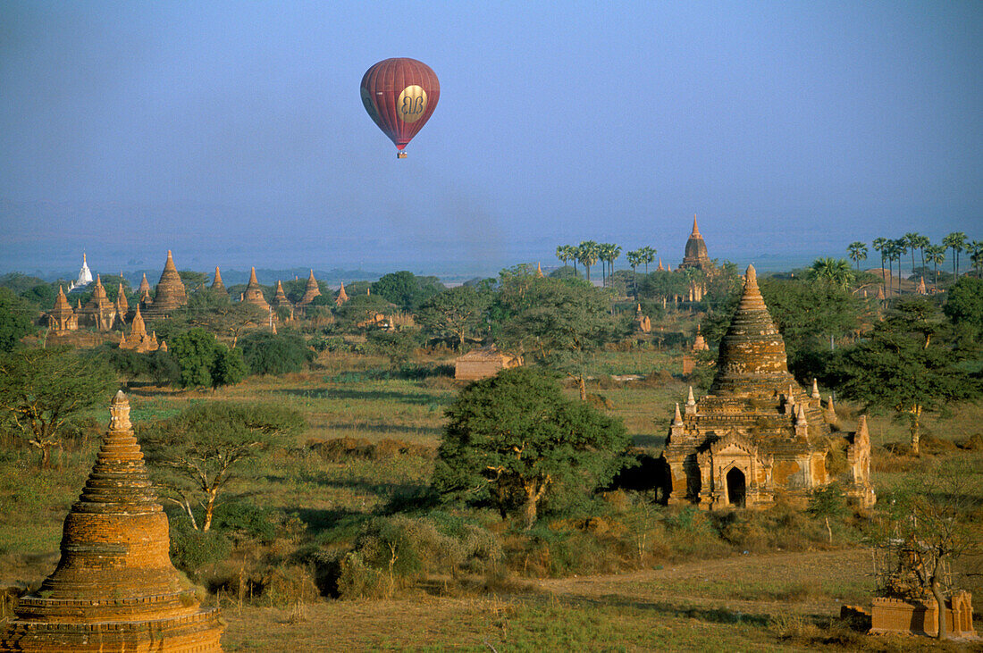 Balloon over temples, Bagan, Burma