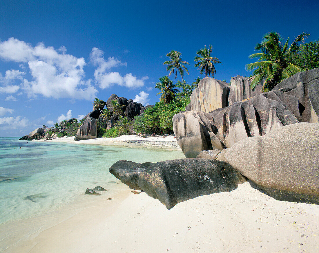 Tropical beach scene with granite rocks, Anse Source D'Argent, La Digue, Seychelles