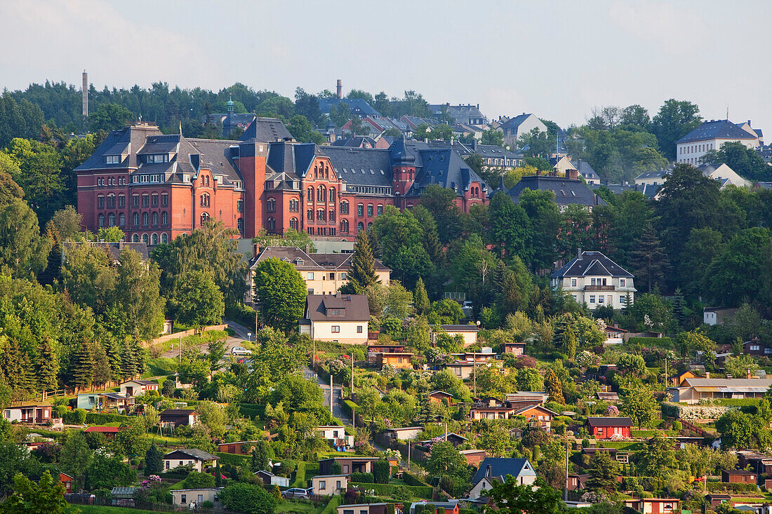 Cityscape with allotments, Annaberg-Buchholz, Ore mountains, Saxony, Germany