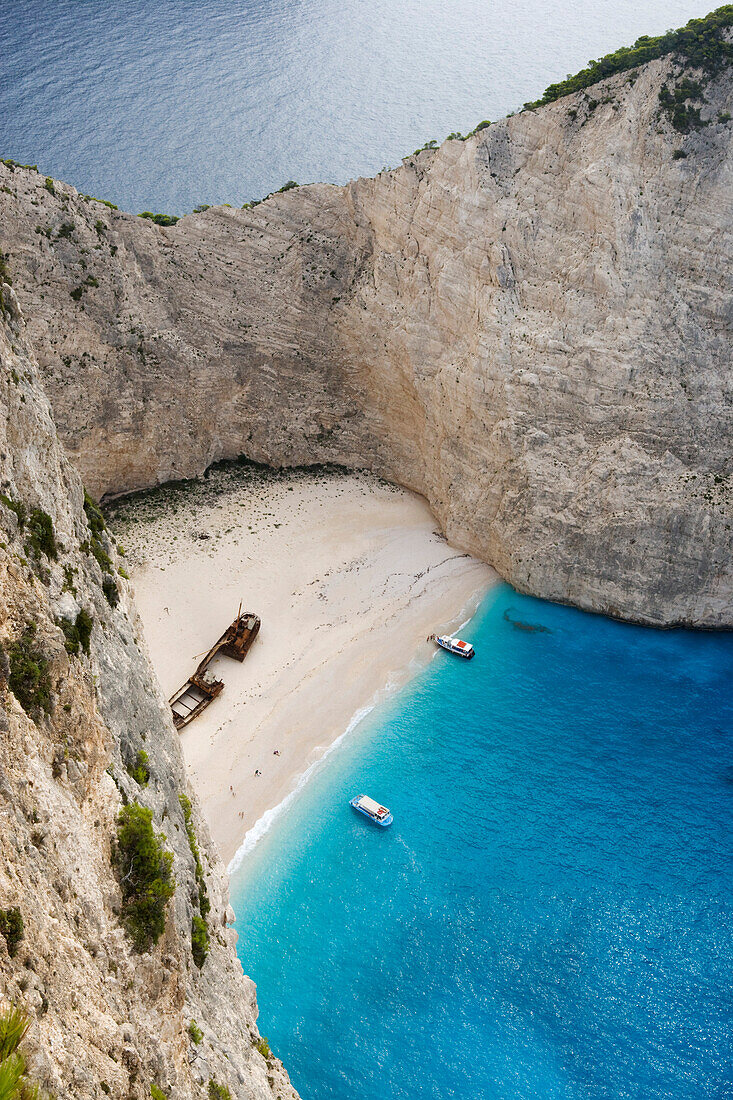 High angle view at the Shipwreck Beach in the sunlight, Zakynthos, Ionian islands, Greece, Europe