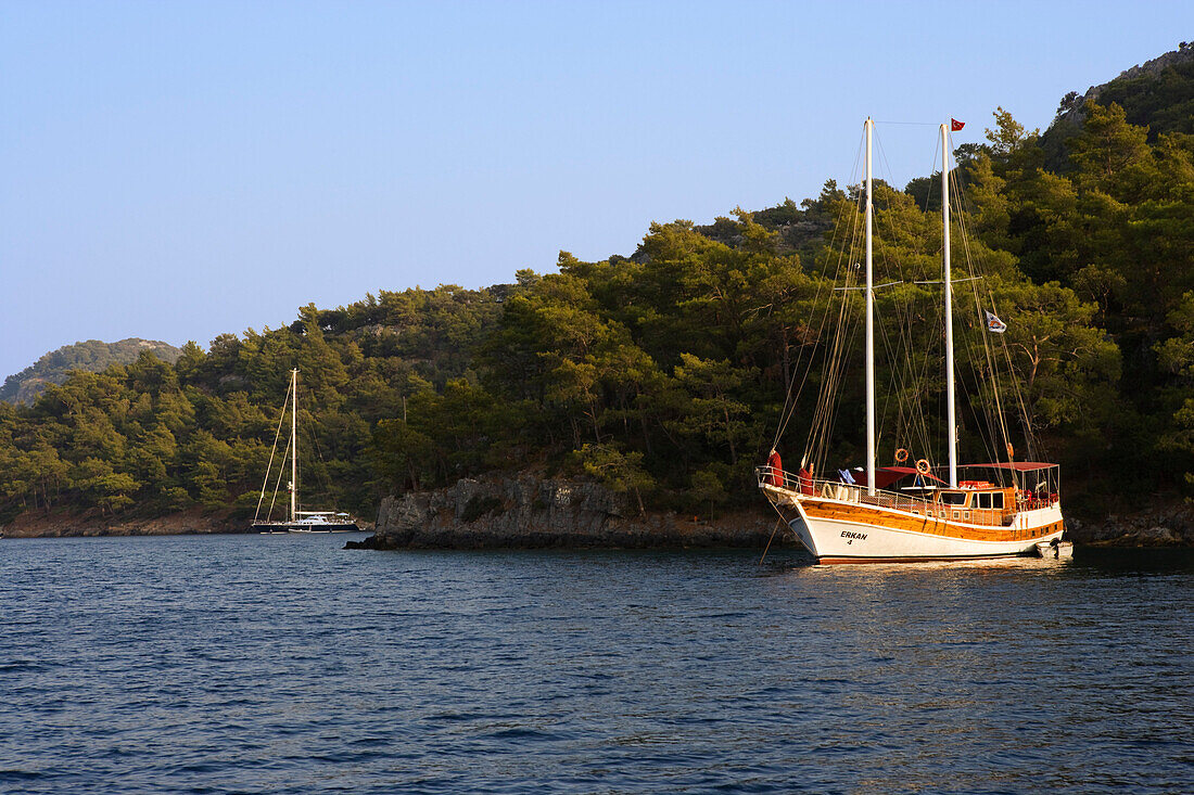 A boat is moored at Sarsala Iskelesi bay, Fethiye, Turkey, Europe