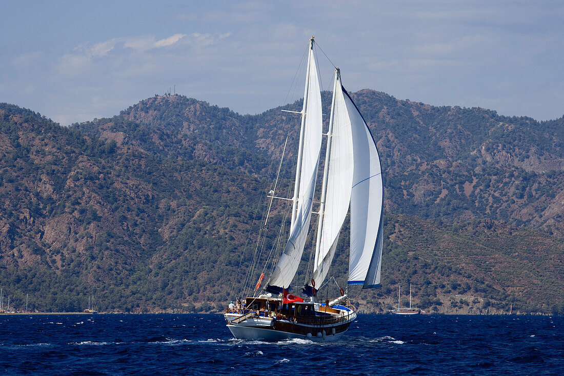 Sailing boat head to wind at the bay of Fethiye, Turkey, Europe