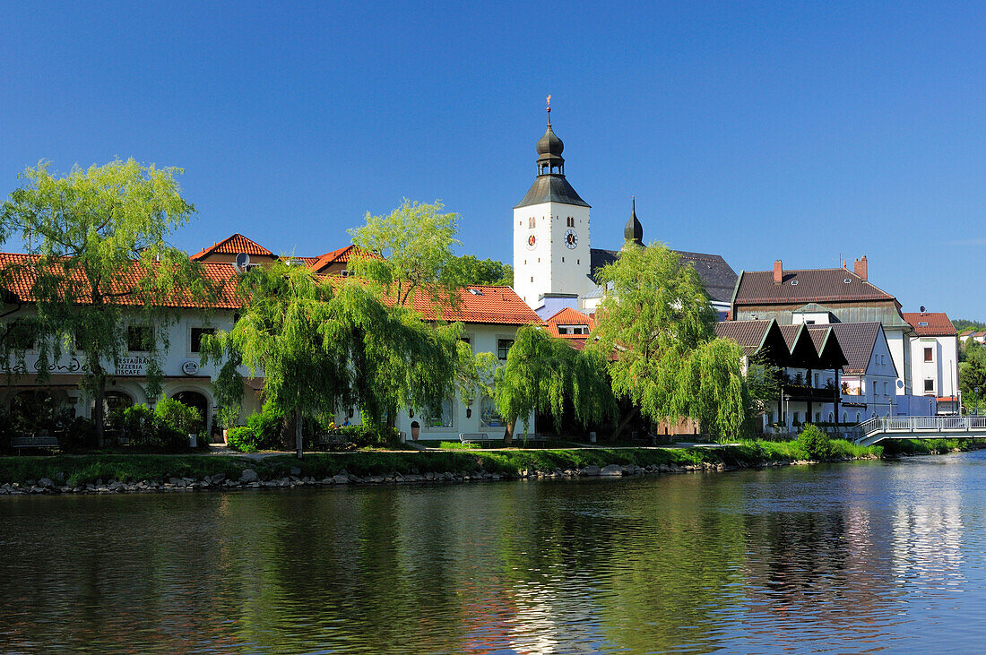 View over river Regen to Regen, Bavarian Forest, Lower Bavaria, Bavaria, Germany