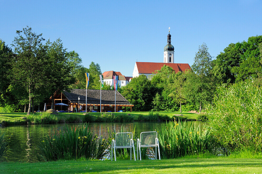 Pond in spa gardens, Bad Koetzting, Bavarian Forest, Upper Palatinate, Bavaria, Germany